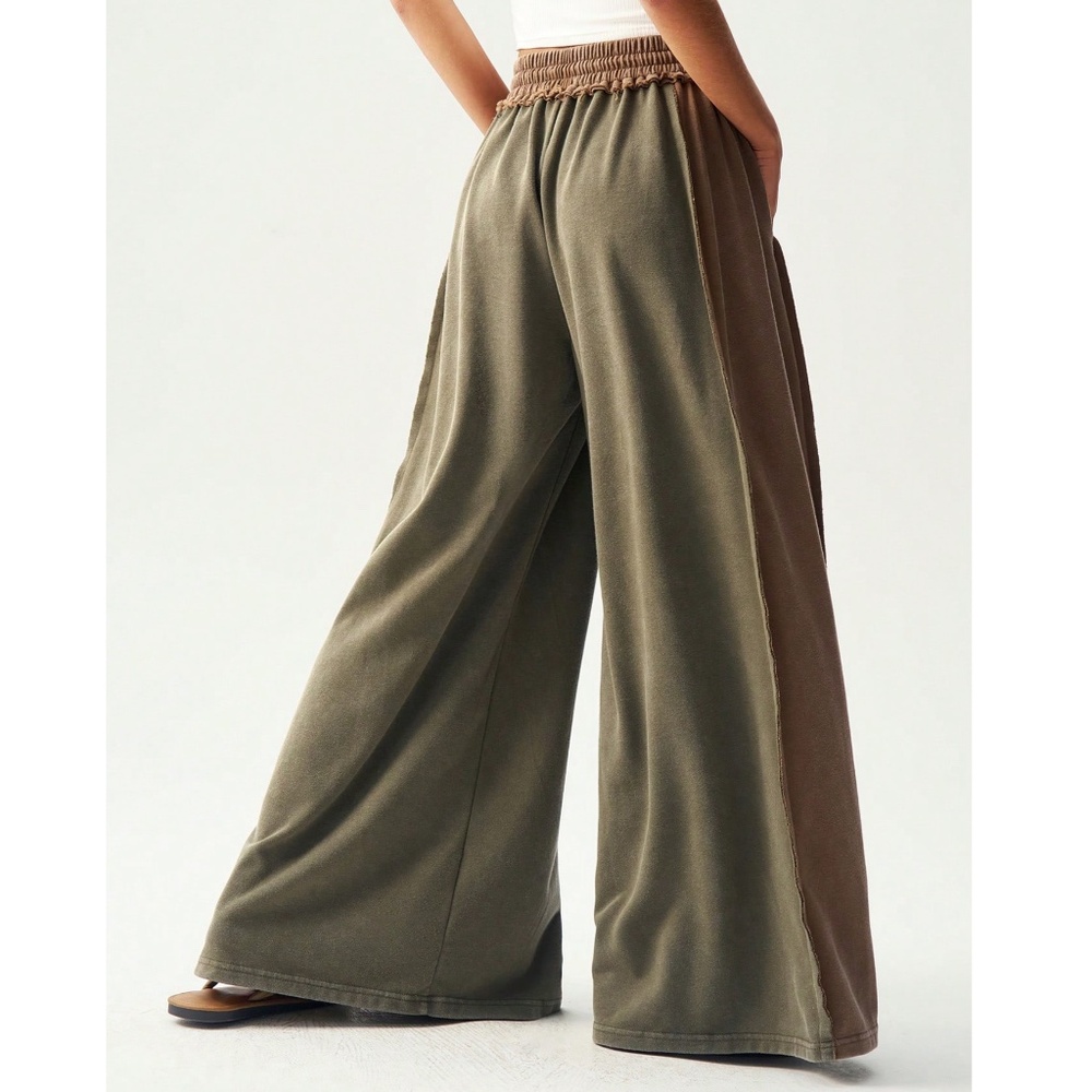 Color Block Stretchy Waist Drawstring Pockets Wide Leg Pants - Picture 3 of 5